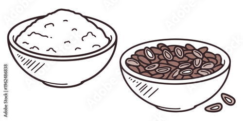 A delightful illustration of a bowl of rice and a bowl of beans.
