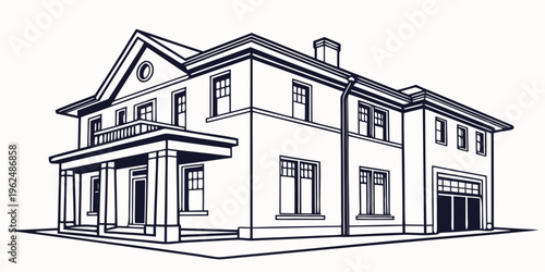 A detailed line drawing of a large, classic, two-story house with a prominent porch