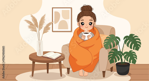 Cartoon woman wrapped in an orange blanket sitting in a beige armchair holding a white cat in a cozy living room with plants and a wooden table.