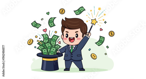 Cartoon illustration of a cheerful businessman in a suit holding a magic wand with money and coins flying out of a top hat, conveying a joyful and prosperous mood.