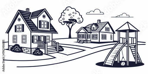 A charming suburban neighborhood with houses and a playground under a clear sky