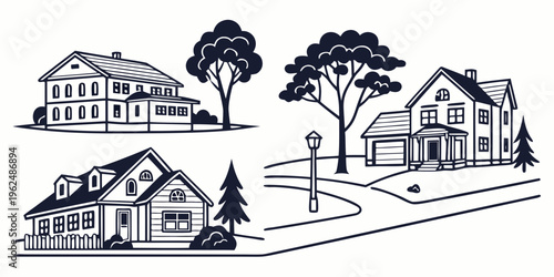 A charming illustration of a suburban neighborhood with various houses and trees