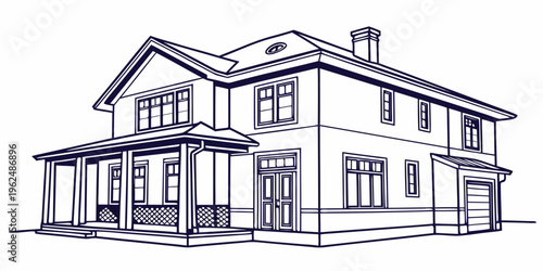 A detailed line drawing of a large, two-story house with a porch and chimney.