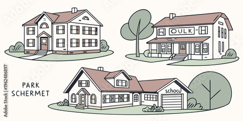 Illustration of four different architectural house designs with varying styles and sizes.