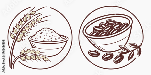 Illustration of two bowls, one with rice and one with soup, surrounded by grains and beans.