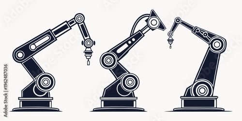 Three industrial robotic arms with intricate mechanical details on a white background
