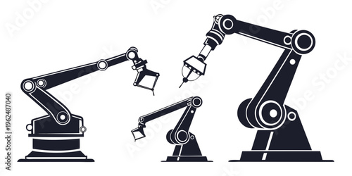 Three industrial robots with different tools and functions in a factory setting.