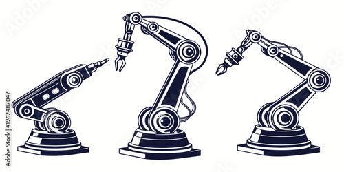 Three industrial robotic arms in a row, showcasing mechanical precision and engineering.