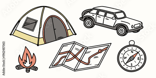 Camping essentials include a tent, car, map, compass, and campfire.