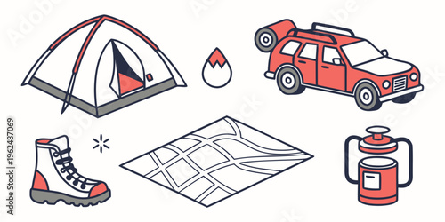 Illustration of camping gear including a tent, boots, map, and a car