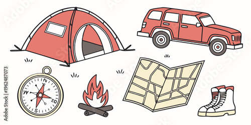 A family enjoying a camping trip with a tent, car, map, and compass.
