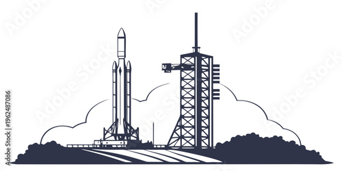 A detailed illustration of a rocket launchpad with a rocket ready for liftoff.