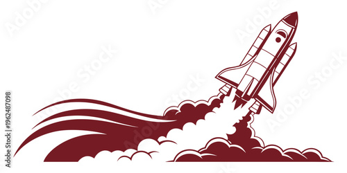 A vibrant illustration of a red rocket ship launching into a cloudy sky