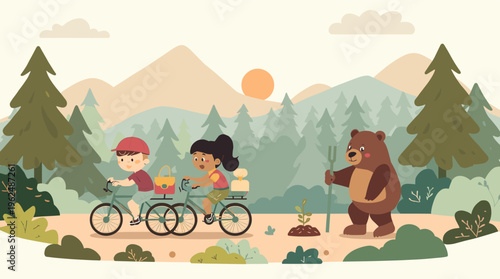 A calming illustration of a forest landscape with abstract shapes and soothing colors, evoking a sense of peacefulness and tranquility.