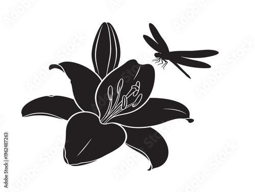 Artistic lily and dragonfly silhouette with serene nature inspired harmony 