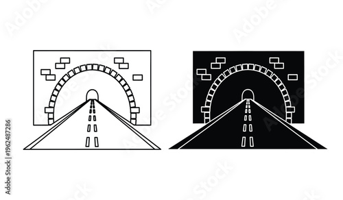A silhouette of a road tunnel with buildings on either side in black and white