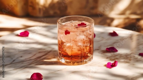 Refreshing beverage in a glass with ice and red petals on marble surface