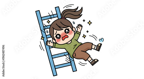 A cartoon girl with brown hair falling off a blue ladder with a shocked expression and motion lines on a white background.