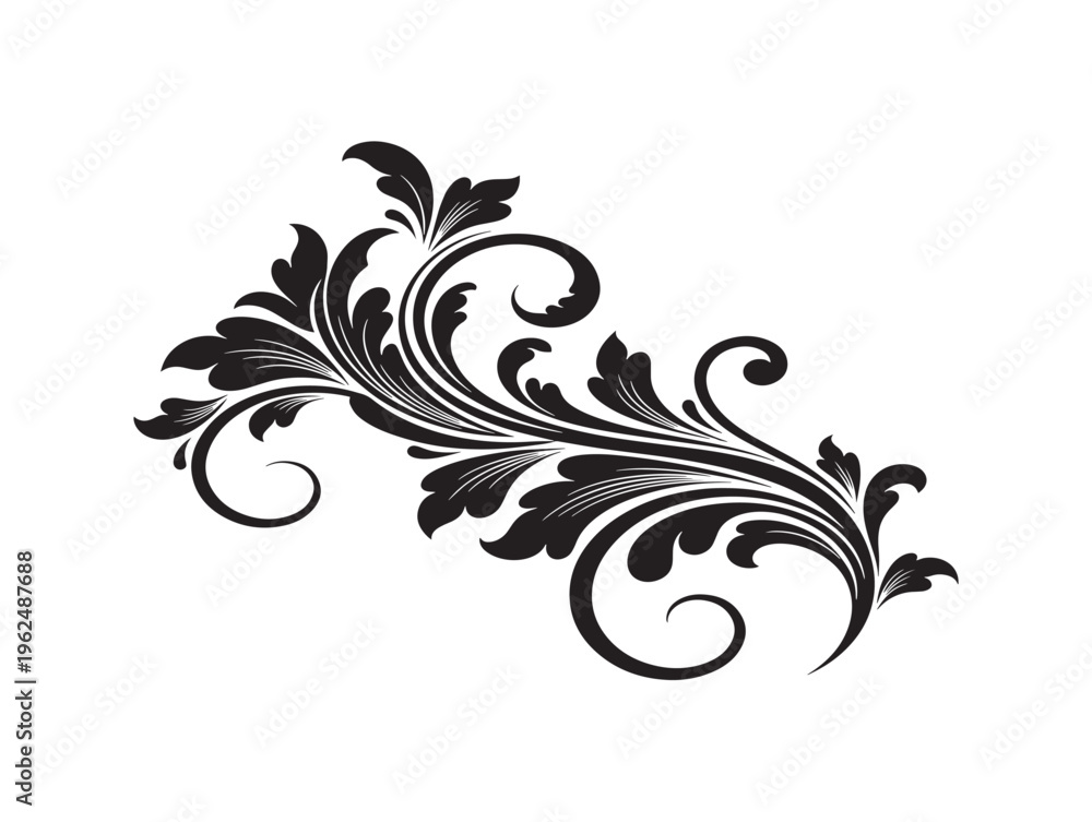 Fototapeta premium Decorative floral swirl accent silhouette with flowing ornamental curves 