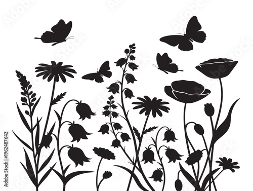 Wildflowers and butterflies silhouette with lively natural garden scene 
