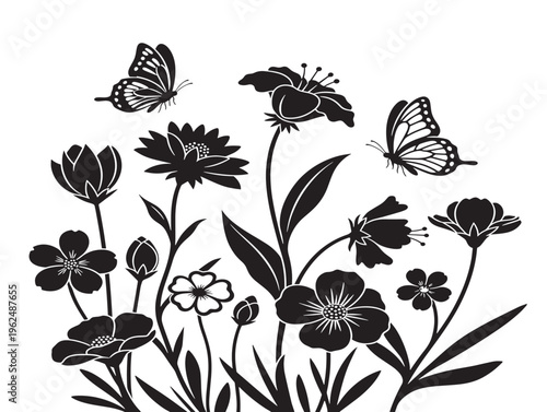 Beautiful wildflowers with butterflies silhouette creating joyful nature composition 