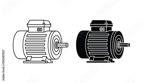 Electric motor silhouette and line drawing in black and white
