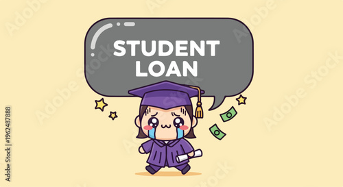 A cartoon graduate in a purple cap and gown cries with a speech bubble saying 'STUDENT LOAN' and money flying around, against a pale yellow background.