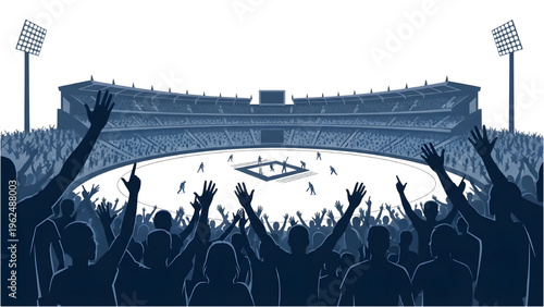 Crowd Cheering Cricket Match Stadium Vector, Dark Blue Silhouette, Sports Fan Celebration Illustration