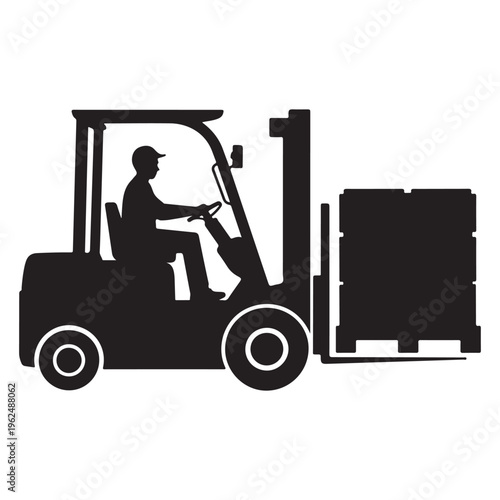A dark silhouette of a forklift operator transporting a pallet industrial work silhouette