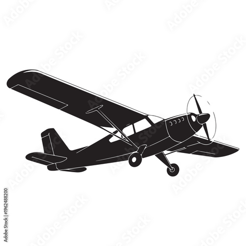 A detailed black silhouette of a vintage bush plane in flight silhouette