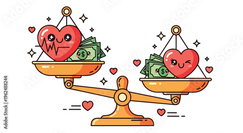 Cartoon illustration of a scale balancing a heart with a frowning face and money on one side and a heart with a smiling face and money on the other, surrounded by hearts and sparkles on a