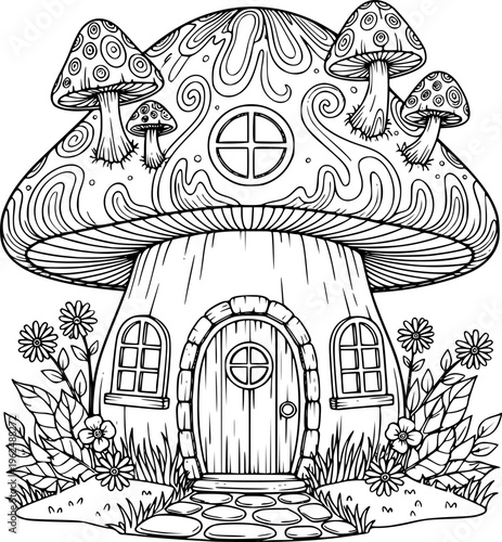 Mushroom House Vector Illustration Black and White Outline Cottagecore Design for Coloring Book
