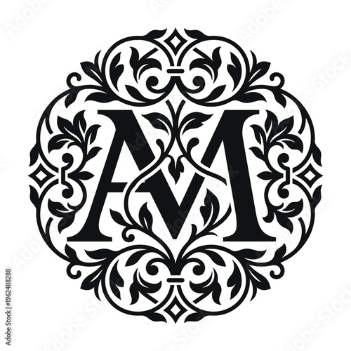Monogram AM vintage floral ornament circular vector emblem.