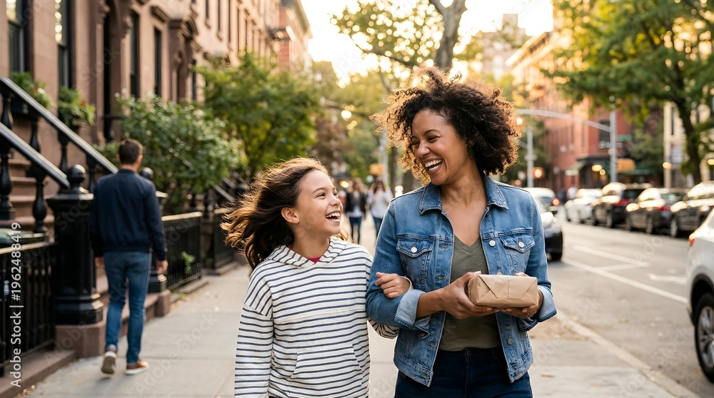 Obraz premium A woman and a young girl walking down a city street, enjoying a sunny day together.
