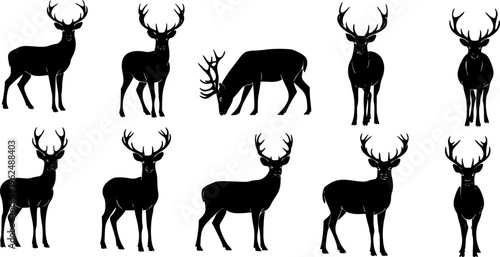 Deer silhouettes set vector illustration, black deer silhouette icon bundle
