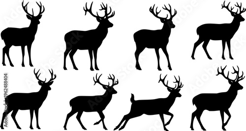 Deer silhouettes set vector illustration, black deer silhouette icon bundle
