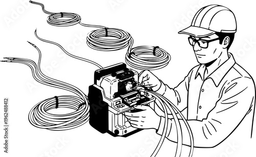 Fiber optic technician man splicing high speed internet cables vector icon
