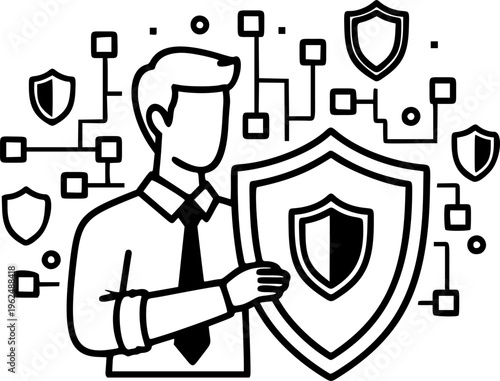 Cybersecurity analyst man protecting network data with shield icons vector icon
