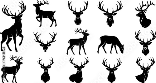 Deer silhouettes set vector illustration, black deer silhouette icon bundle
