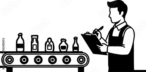 Quality control inspector man checking products on factory conveyor belt vector icon
