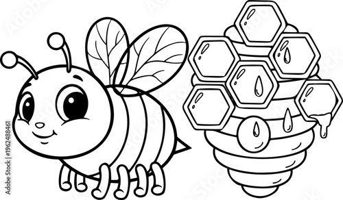 Cute Bee and Honeycomb Vector Outline Insect Illustration for Children Coloring Book Design
