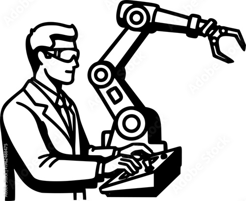 Robotics engineer man testing industrial automation robot arm vector icon
