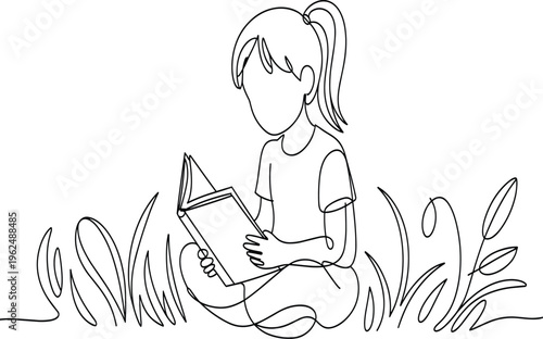 Black and white minimalist of a woman reading a book sitting cross legged desig