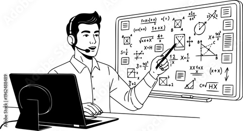 Online tutor man teaching via laptop webcam with virtual whiteboard vector illustration
