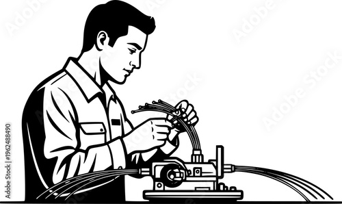 Fiber optic technician man splicing high speed internet cables vector icon
