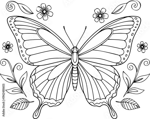 Beautiful Butterfly Vector Outline Nature Insect Illustration for Kids Coloring Book Page
