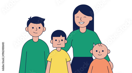 Happy Asian Family Portrait Flat Vector Illustration Featuring Father, Mother, and Two Children Standing Together Smiling for Lifestyle Design