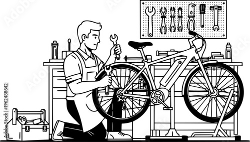 Electric bicycle mechanic man repairing e-bike in workshop vector icon
