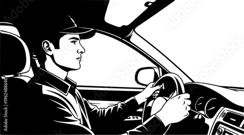 Taxi driver or rideshare man driving car transport vector icon

