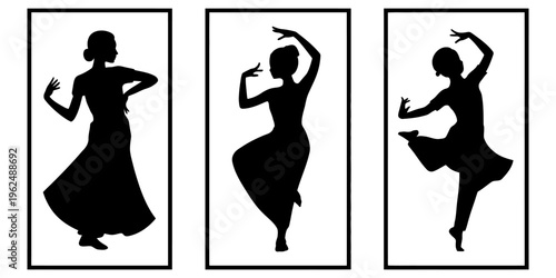 Silhouettes of three indian classical dancers performing traditional mudras and poses in frames